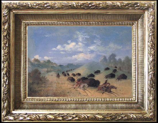 framed  George Catlin Comanche Indians Chasing Buffalo with Lances and Bows, Ta021s